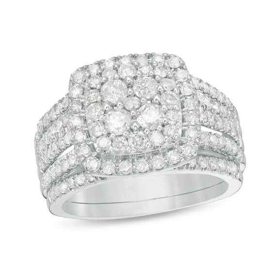 1-1/2 CT. T.w. C Multi-Diamond Cushion Frame Bridal Set in 10K White Gold