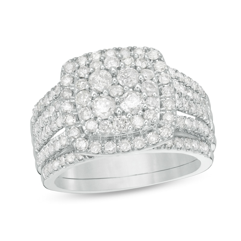 Main Image 1 of 1-1/2 CT. T.W. C Multi-Diamond Cushion Frame Bridal Set in 10K White Gold