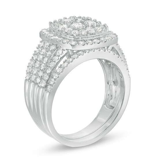 1-1/2 CT. T.w. C Multi-Diamond Cushion Frame Bridal Set in 10K White Gold