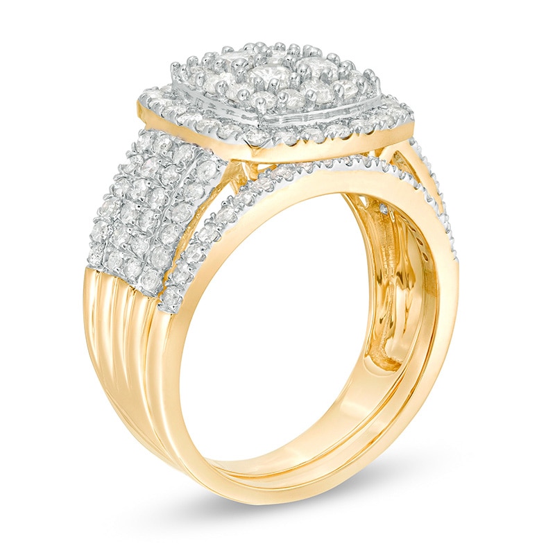 Main Image 3 of 1-1/2 CT. T.W. Cushion Multi-Diamond Frame Bridal Set in 10K Gold