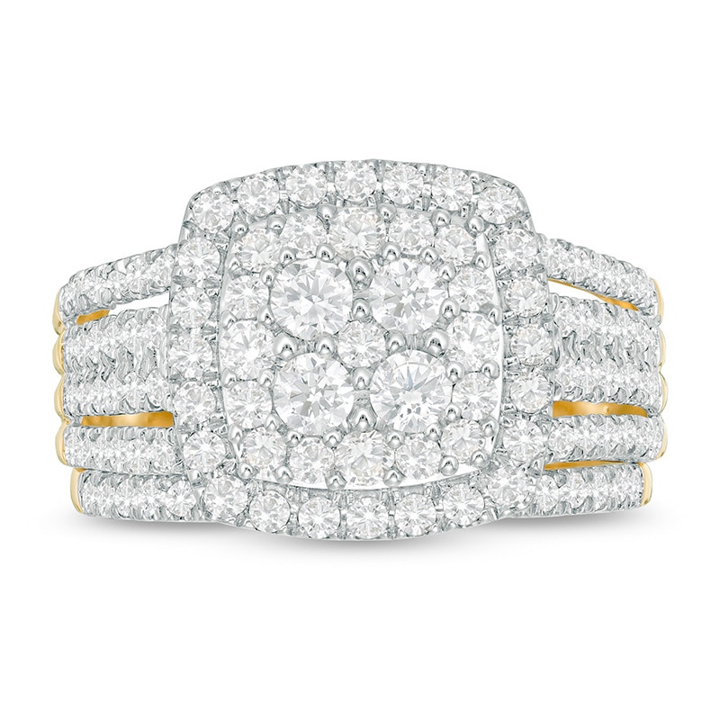 Main Image 4 of 1-1/2 CT. T.W. Cushion Multi-Diamond Frame Bridal Set in 10K Gold