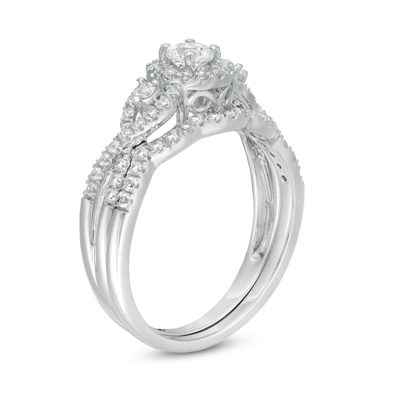 Lab-Created White Sapphire Frame Cascading Shank Bridal Set in Sterling Silver