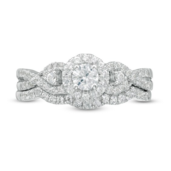 Lab-Created White Sapphire Frame Cascading Shank Bridal Set in Sterling Silver
