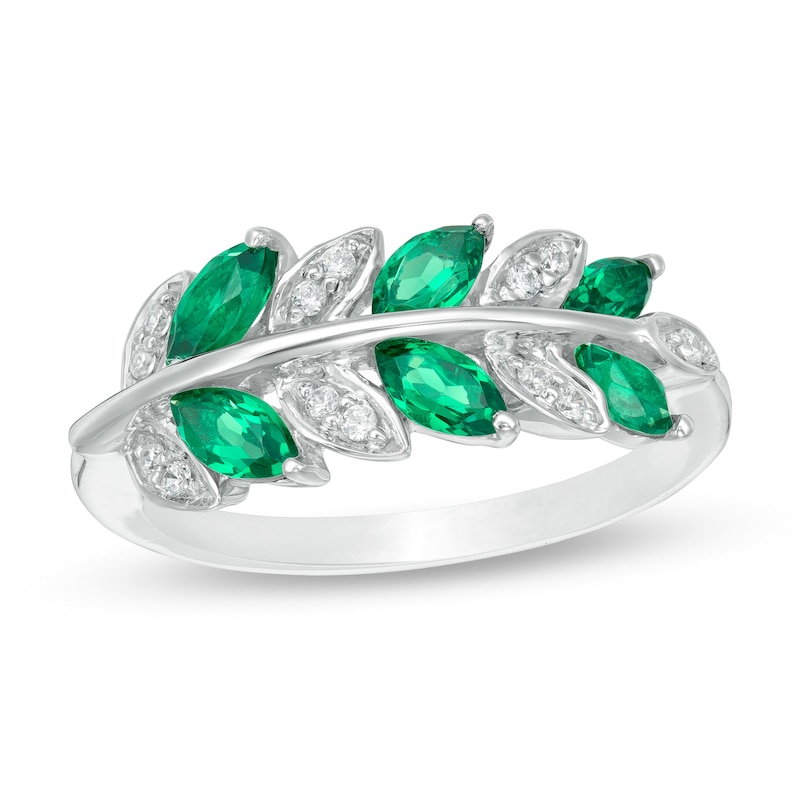 Main Image 1 of Marquise Lab-Created Emerald and 1/15 CT. T.W. Diamond Leaves Ring in Sterling Silver