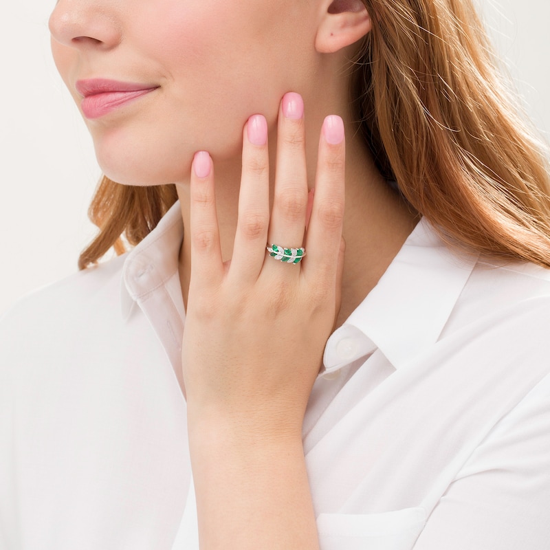 Main Image 2 of Marquise Lab-Created Emerald and 1/15 CT. T.W. Diamond Leaves Ring in Sterling Silver