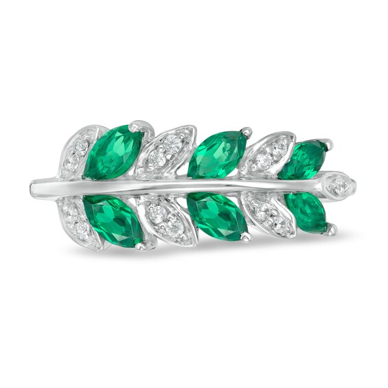 Marquise Lab-Created Emerald and 1/15 CT. T.w. Diamond Leaves Ring in Sterling Silver