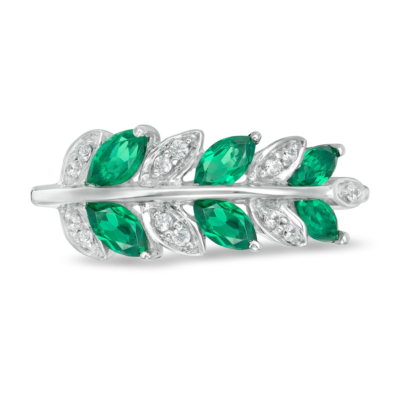Main Image 4 of Marquise Lab-Created Emerald and 1/15 CT. T.W. Diamond Leaves Ring in Sterling Silver
