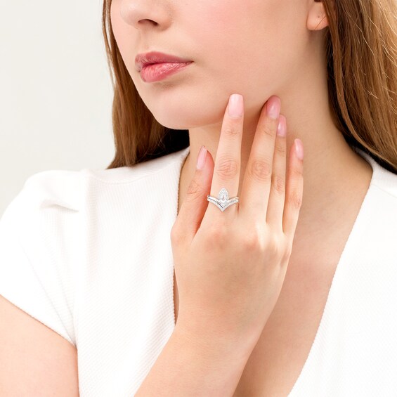 Pear-Shaped Lab-Created White Sapphire and 1/3 CT. T.w. Diamond Chevron Bridal Set in 10K White Gold