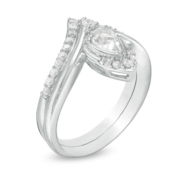 Pear-Shaped Lab-Created White Sapphire and 1/3 CT. T.w. Diamond Chevron Bridal Set in 10K White Gold