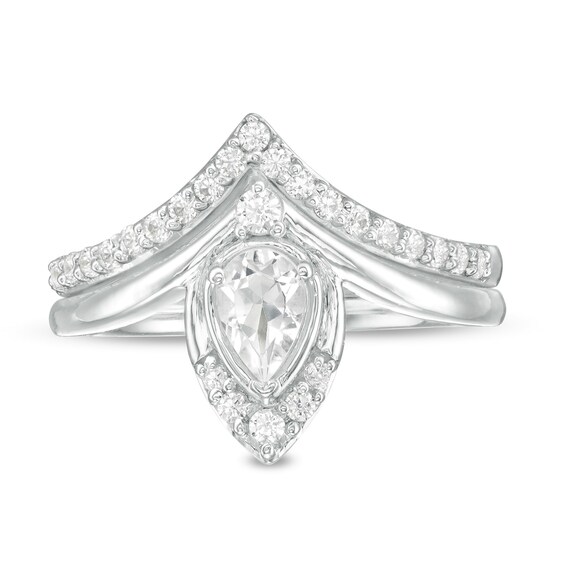 Pear-Shaped Lab-Created White Sapphire and 1/3 CT. T.w. Diamond Chevron Bridal Set in 10K White Gold