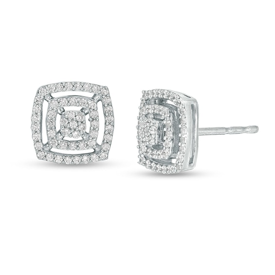 1/3 CT. T.w. Cushion Multi-Diamond Double Frame Stud Earrings in 10K White Gold