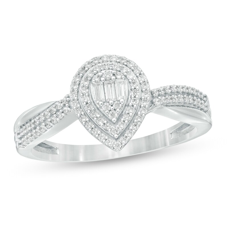 Main Image 1 of 1/3 CT. T.W. Baguette and Round Diamond Double Pear-Shaped Frame Crossover Ring in 10K White Gold