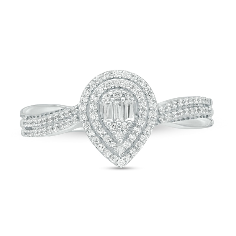Main Image 4 of 1/3 CT. T.W. Baguette and Round Diamond Double Pear-Shaped Frame Crossover Ring in 10K White Gold
