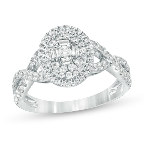1 CT. T.w. Baguette and Round Diamond Oval Frame Twist Shank Ring in 10K White Gold