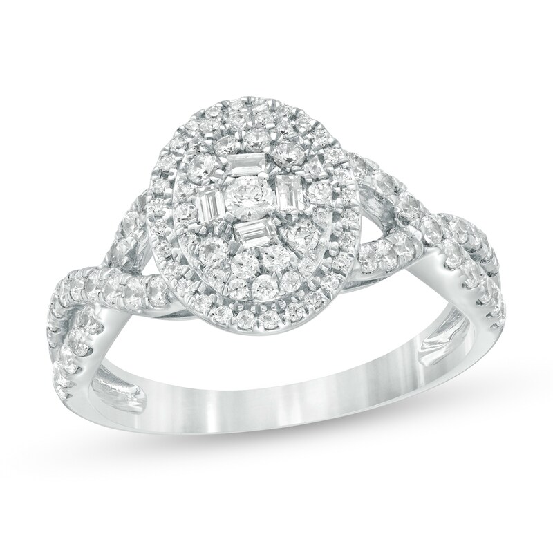 Main Image 1 of 1 CT. T.W. Baguette and Round Diamond Oval Frame Twist Shank Ring in 10K White Gold