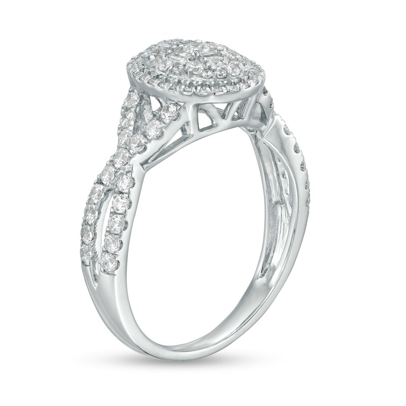 Main Image 3 of 1 CT. T.W. Baguette and Round Diamond Oval Frame Twist Shank Ring in 10K White Gold