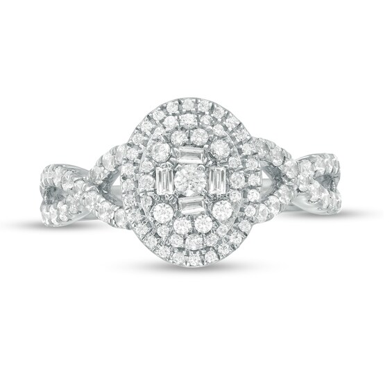 1 CT. T.w. Baguette and Round Diamond Oval Frame Twist Shank Ring in 10K White Gold