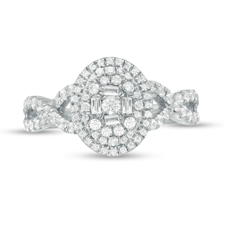 Main Image 4 of 1 CT. T.W. Baguette and Round Diamond Oval Frame Twist Shank Ring in 10K White Gold