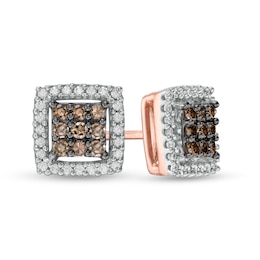 1/3 CT. T.W. Champagne and White Square Multi-Diamond Frame Stud Earrings in 10K Rose Gold