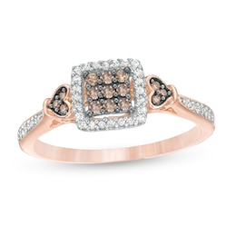 1/4 CT. T.W. Champagne and White Composite Diamond Square Frame Heart-Sides Ring in 10K Rose Gold