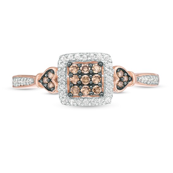 1/4 CT. T.w. Champagne and White Composite Diamond Square Frame Heart-Sides Ring in 10K Rose Gold