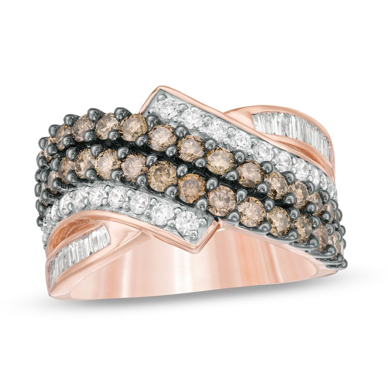 Main Image 1 of 2 CT. T.W. Champagne and White Diamond Multi-Row Crossover Ring in 10K Rose Gold