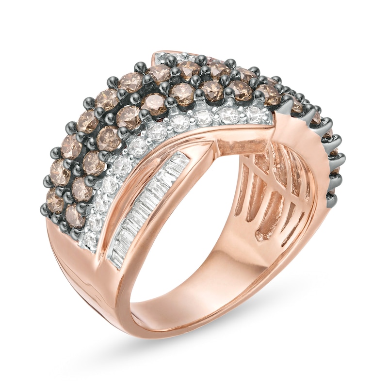 Main Image 3 of 2 CT. T.W. Champagne and White Diamond Multi-Row Crossover Ring in 10K Rose Gold