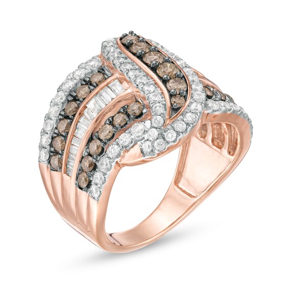 2 CT. T.w. Champagne and White Diamond Multi-Row Crossover Ring in 10K Rose Gold