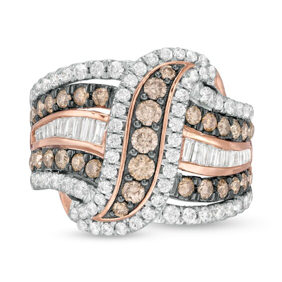 2 CT. T.w. Champagne and White Diamond Multi-Row Crossover Ring in 10K Rose Gold