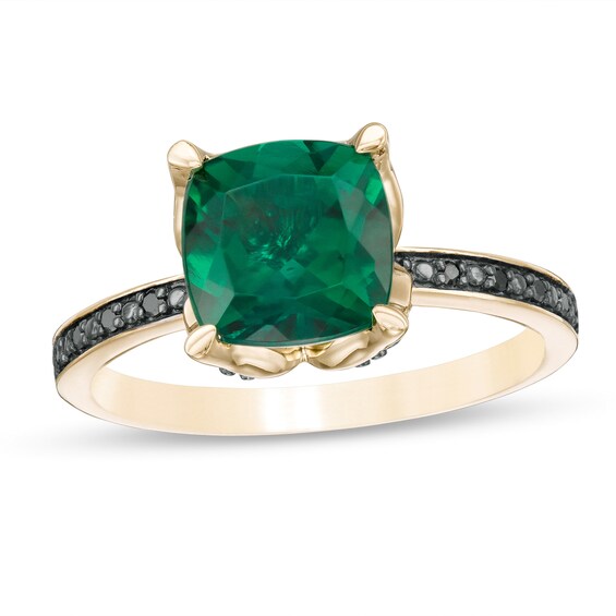 8.0mm Cushion-Cut Lab-Created Emerald and 1/20 CT. T.w. Black Diamond Flower Engagement Ring in 10K Gold