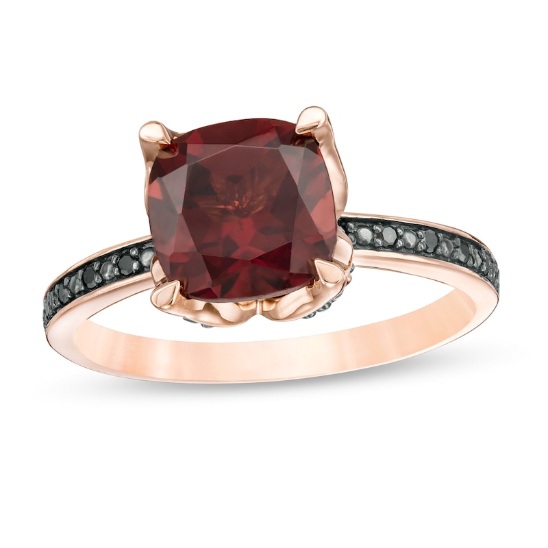 8.0mm Cushion-Cut Garnet and 1/20 CT. T.W. Black Diamond Flower Engagement Ring in 10K Rose Gold