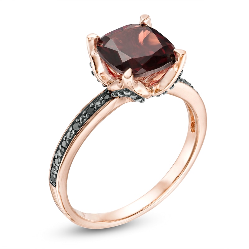 8.0mm Cushion-Cut Garnet and 1/20 CT. T.W. Black Diamond Flower Engagement Ring in 10K Rose Gold