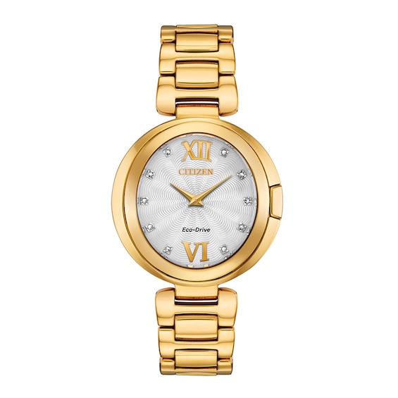 Ladies' Citizen Eco-Drive® Capella Diamond Accent Gold-Tone Watch with Silver-Tone Dial (Model: Ex1512-53A)