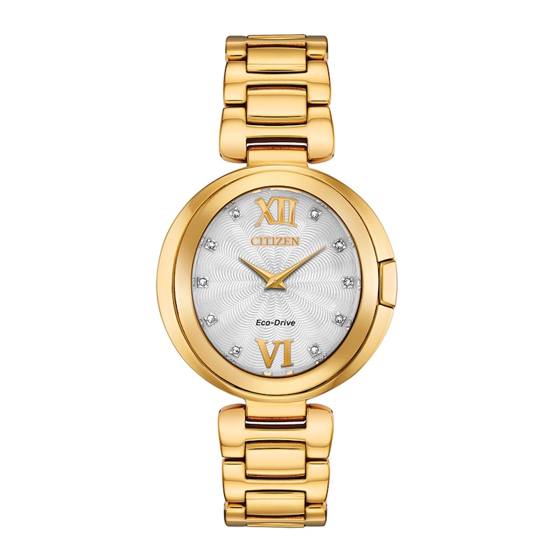 Main Image 1 of Ladies' Citizen Eco-Drive® Capella Diamond Accent Gold-Tone Watch with Silver-Tone Dial (Model: EX1512-53A)