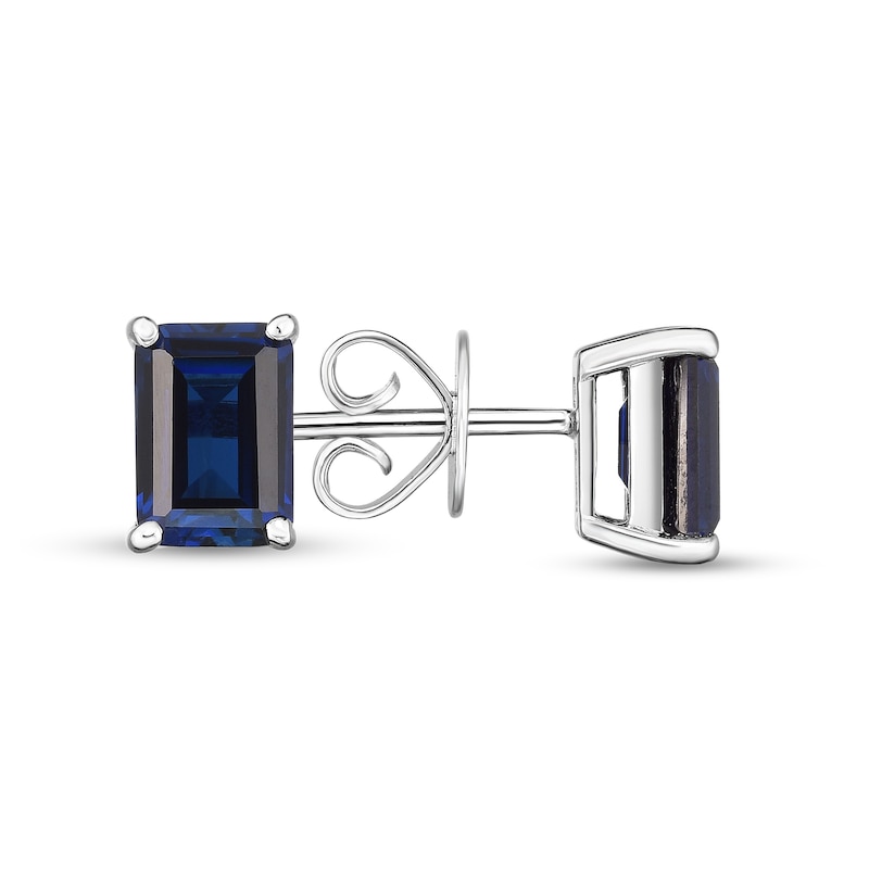 Main Image 1 of Emerald-Cut Lab-Created Blue Sapphire Solitaire Stud Earrings in Sterling Silver