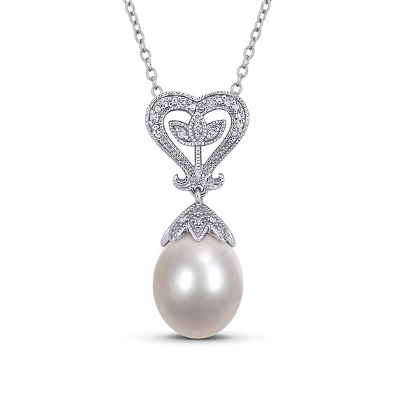 10.0-10.5mm Cultured Freshwater Pearl and 1/20 CT. T.W. Diamond Vintage-Style Heart-Top Pendant in Sterling Silver 10.0-10.5mm Cultured Freshwater Pearl and 1/20 CT. T.W. Diamond Vintage-Style Heart-Top Pendant in Sterling Silver