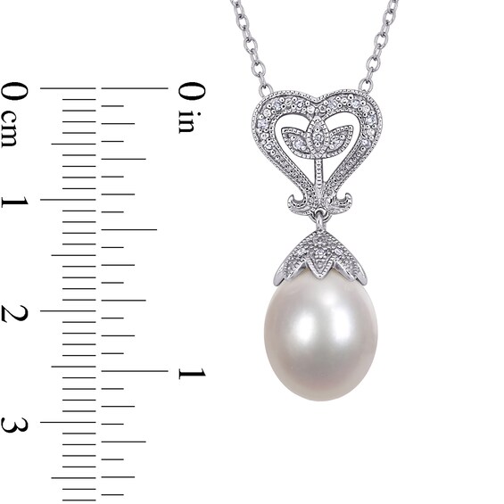 10.0-10.5mm Cultured Freshwater Pearl and 1/20 CT. T.W. Diamond Vintage-Style Hea 10.0-10.5mm Cultured Freshwater Pearl and 1/20 CT. T.W. Diamond Vintage-Style Heart-Top Pendant in Sterling Silver
