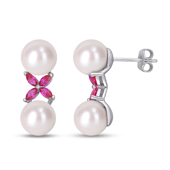 8.5-9.0mm Cultured Freshwater Pearl and Marquise Lab-Created Ruby "X" Drop Earrings in Sterling Silver 8.5-9.0mm Cultured Freshwater Pearl and Marquise Lab-Created Ruby "X" Drop Earrings in Sterling Silver