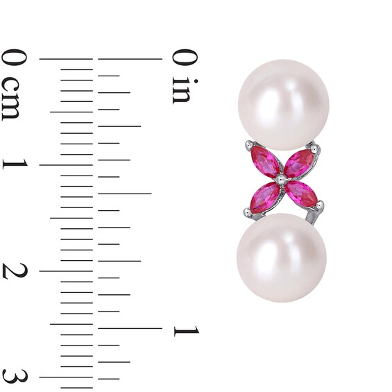 8.5-9.0mm Cultured Freshwater Pearl and Marquise Lab-Created Ruby "X" Drop Earrings in Sterling Silver 8.5-9.0mm Cultured Freshwater Pearl and Marquise Lab-Created Ruby "X" Drop Earrings in Sterling Silver
