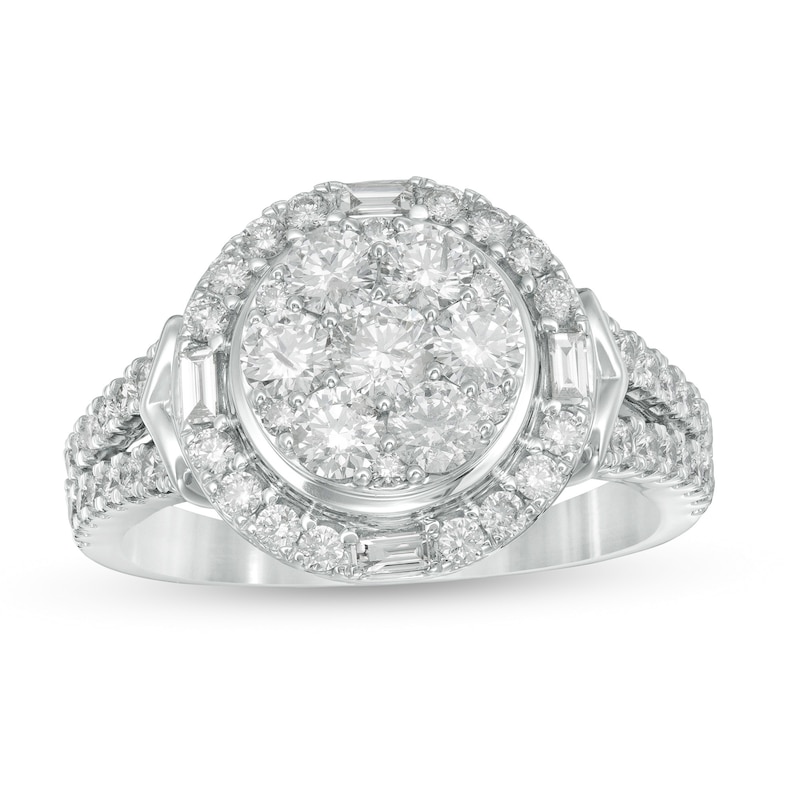 Main Image 1 of 1-1/2 CT. T.W. Composite Baguette and Round Diamond Frame Engagement Ring in 14K White Gold