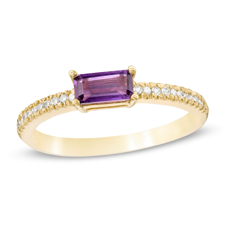 Sideways Baguette Amethyst and 1/10 CT. T.W. Diamond Stackable Ring in 10K Gold