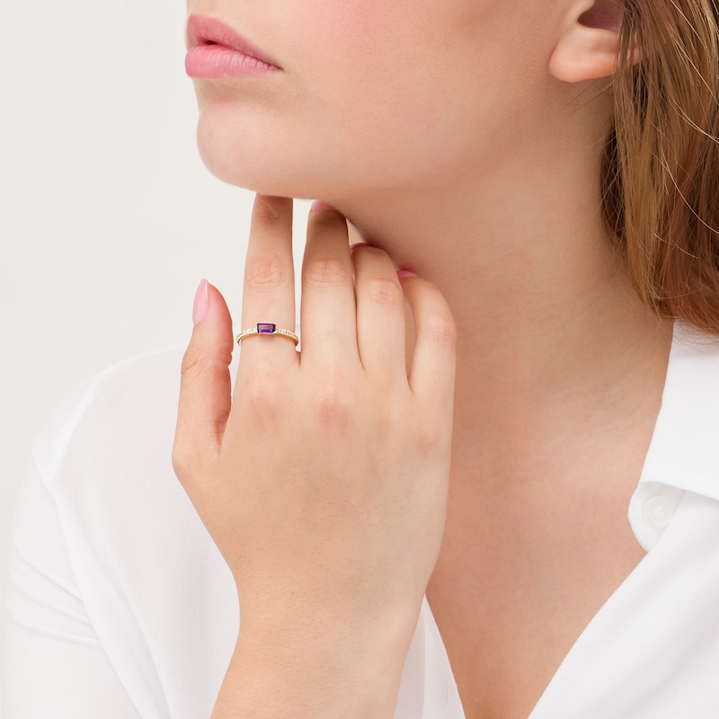 Sideways Baguette Amethyst and 1/10 CT. T.W. Diamond Stackable Ring in 10K Gold