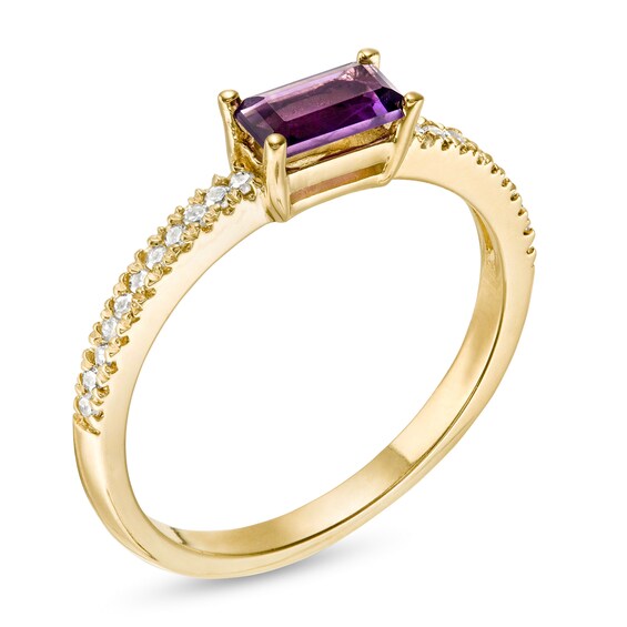 Sideways Baguette Amethyst and 1/10 CT. T.w. Diamond Stackable Ring in 10K Gold