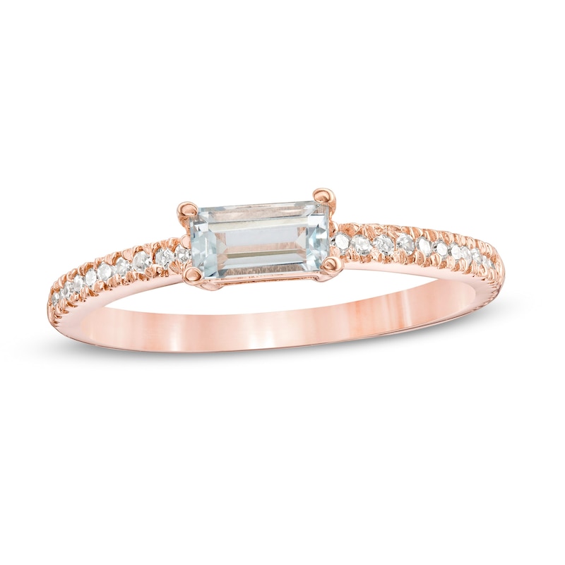 Sideways Baguette Aquamarine and 1/10 CT. T.W. Diamond Stackable Ring in 10K Rose Gold