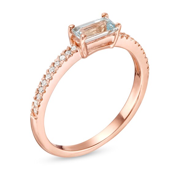 Sideways Baguette Aquamarine and 1/10 CT. T.w. Diamond Stackable Ring in 10K Rose Gold