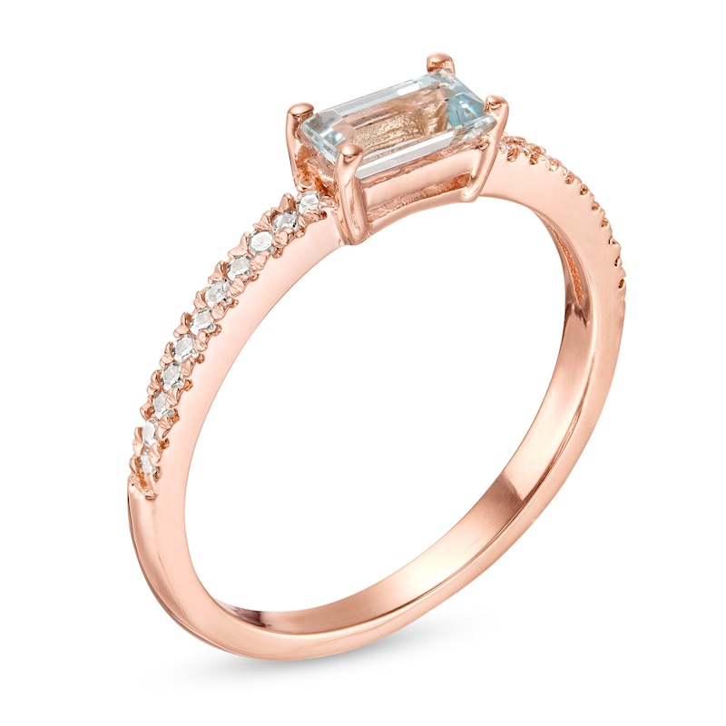 Sideways Baguette Aquamarine and 1/10 CT. T.W. Diamond Stackable Ring in 10K Rose Gold