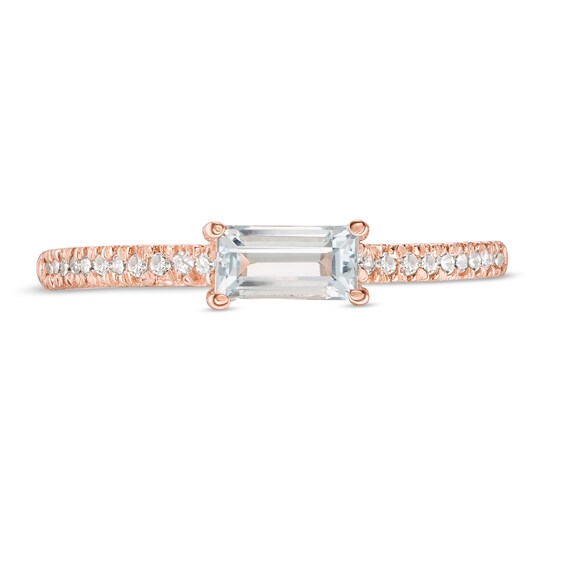 Sideways Baguette Aquamarine and 1/10 CT. T.w. Diamond Stackable Ring in 10K Rose Gold