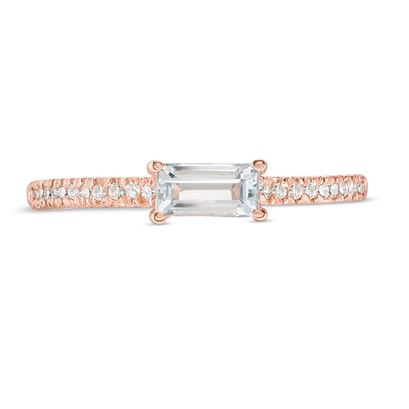 Sideways Baguette Aquamarine and 1/10 CT. T.W. Diamond Stackable Ring in 10K Rose Gold