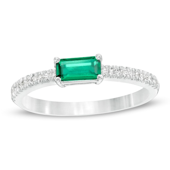 Sideways Baguette Lab-Created Emerald and 1/10 CT. T.w. Diamond Stackable Ring in 10K White Gold