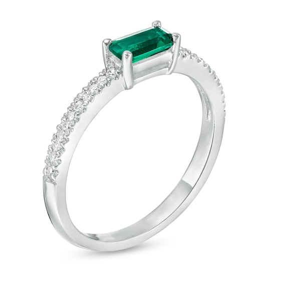 Sideways Baguette Lab-Created Emerald and 1/10 CT. T.w. Diamond Stackable Ring in 10K White Gold